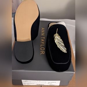 Ann Taylor  Black Suede Harmony Embroidered slide. Brand New
